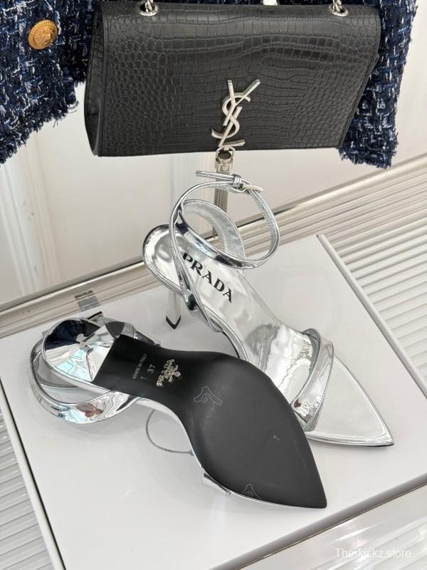 Prada 2025 SS Pointed Toe High Heel Sandals with Triangle Buckle - KFY00280