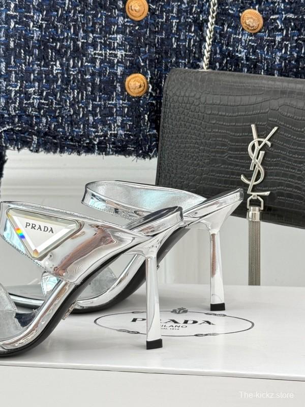 Prada Pointed Toe High Heel Sandals with Triangle Buckle - KFY00280