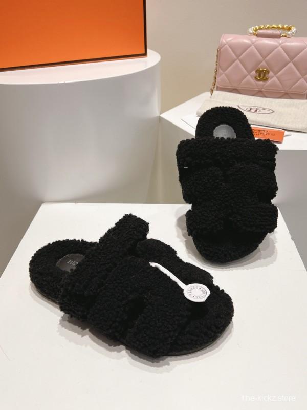 H Full Straight Hair Particle Fur Slippers - LY00300